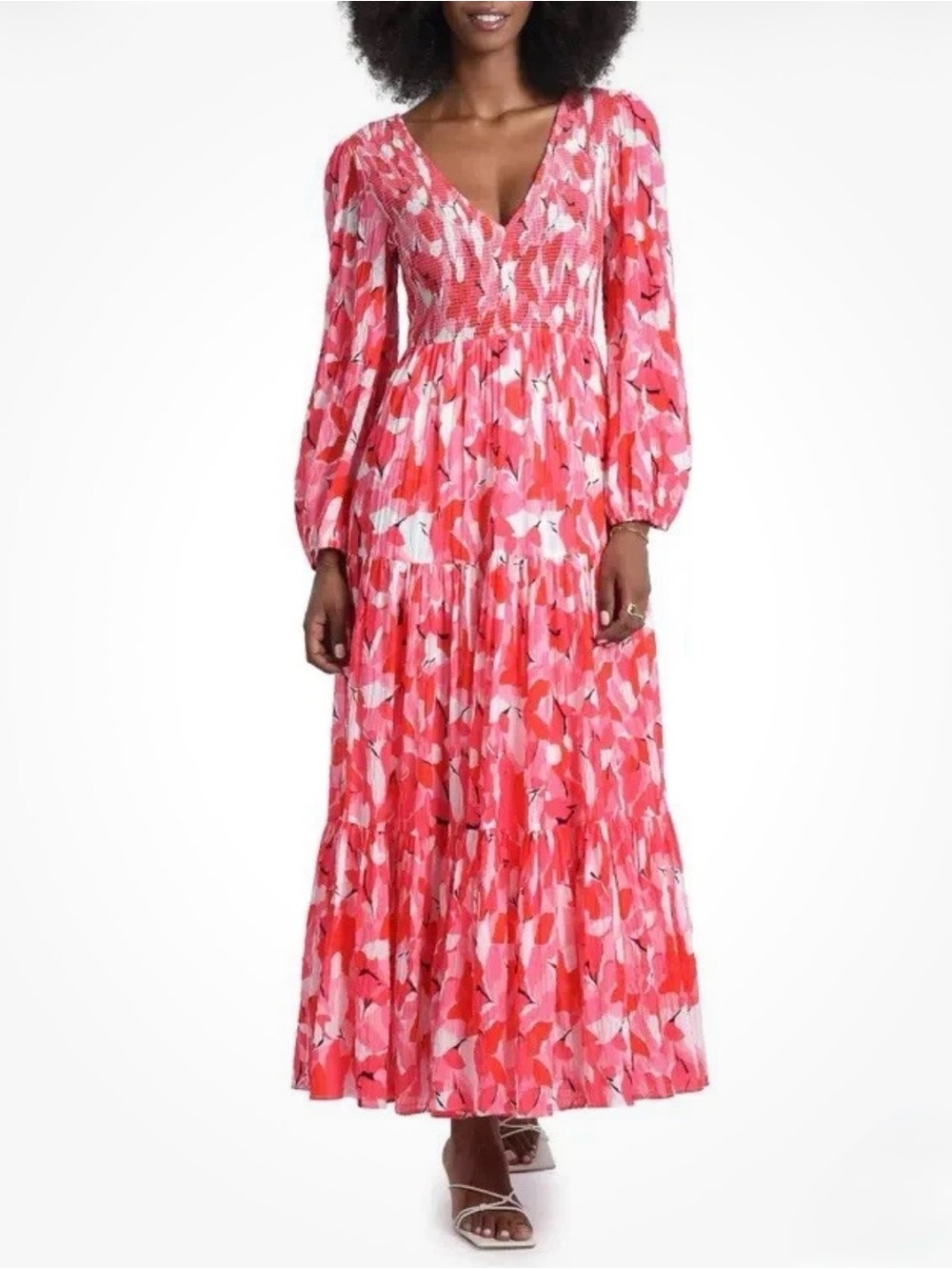 Molly Bracken Pink & Coral Floral Smocked V‑Neck Maxi Dress